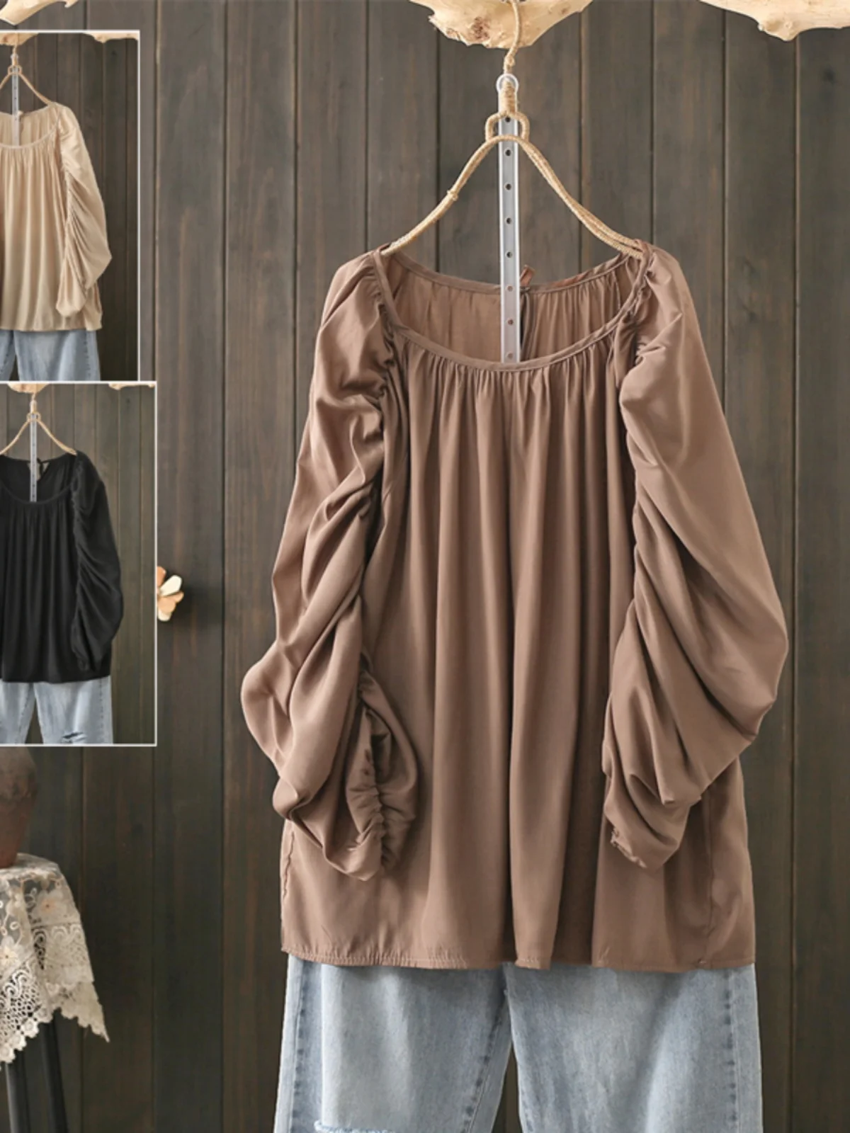 

Summer plus Size 260lbs Thin Loose Slimming Sun Protection Versatile round Neck Pleated Long Sleeve Shirt Korean Style Commute