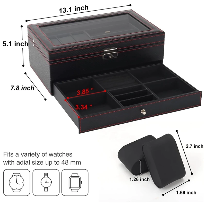 Kotak jam tangan, kotak perhiasan pria dengan 6 Slot kotak Jam Tangan & 3 Slot pengatur kacamata hitam, 2 lapisan pemegang jam dapat dikunci