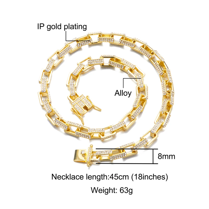 Hip Hop 8MM 2Row Square Box Chain Bling AAA+ Iced Out Rhinestones Bracelet Necklace For Men Women Jewelry