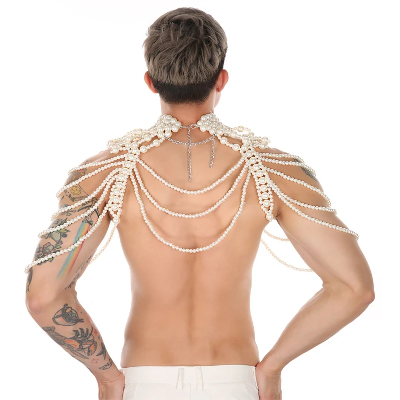 Herren-Umhang für Performance-Kostüme, handgefertigt, mit weißen Perlen, Rollkragen-Oberteil, Sommer-Mantel, schwarzer rückenfreier Umhang, Herrenbekleidung – Detail 9