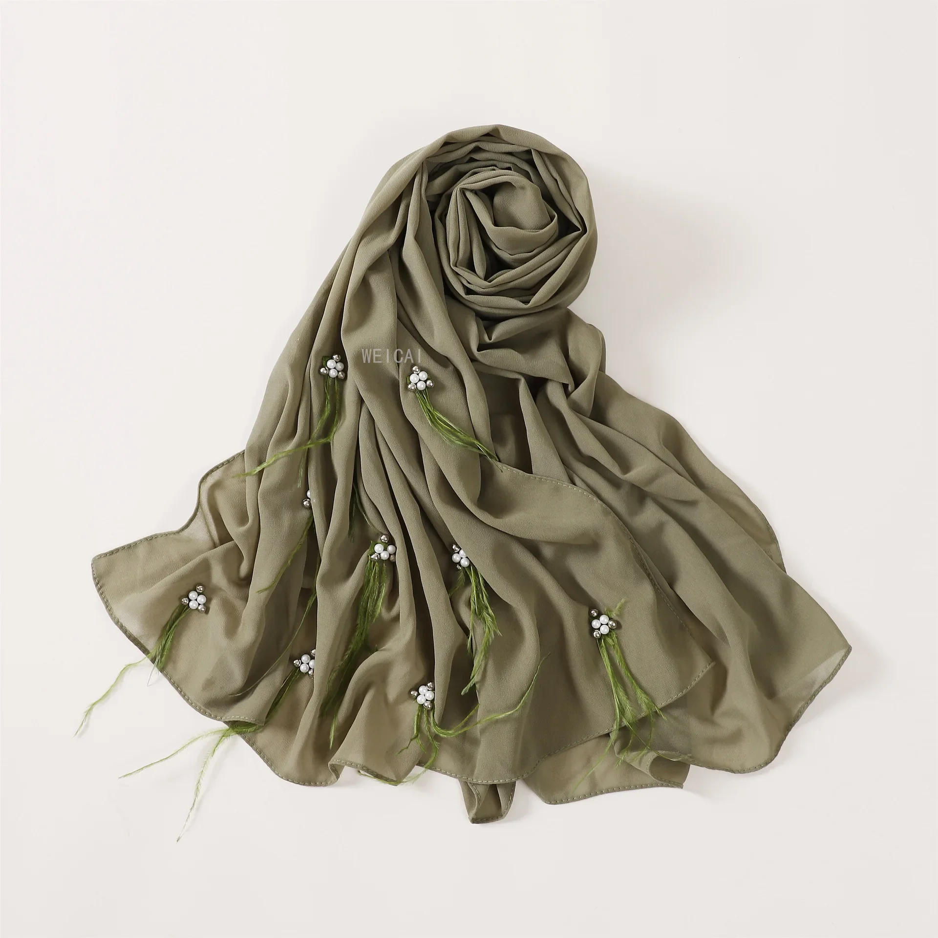 Mode nouvelle perle en mousseline de soie écharpe malais indonésie perle plume Hijab musulman voile châle enveloppement Turban Islam étole foulard Bandanas
