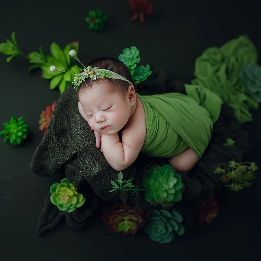 

0-1 Month Newborn Baby Photography Props Soft High Stretcha Wrap Headflower With Ears Green Plant Theme Studio Background Props