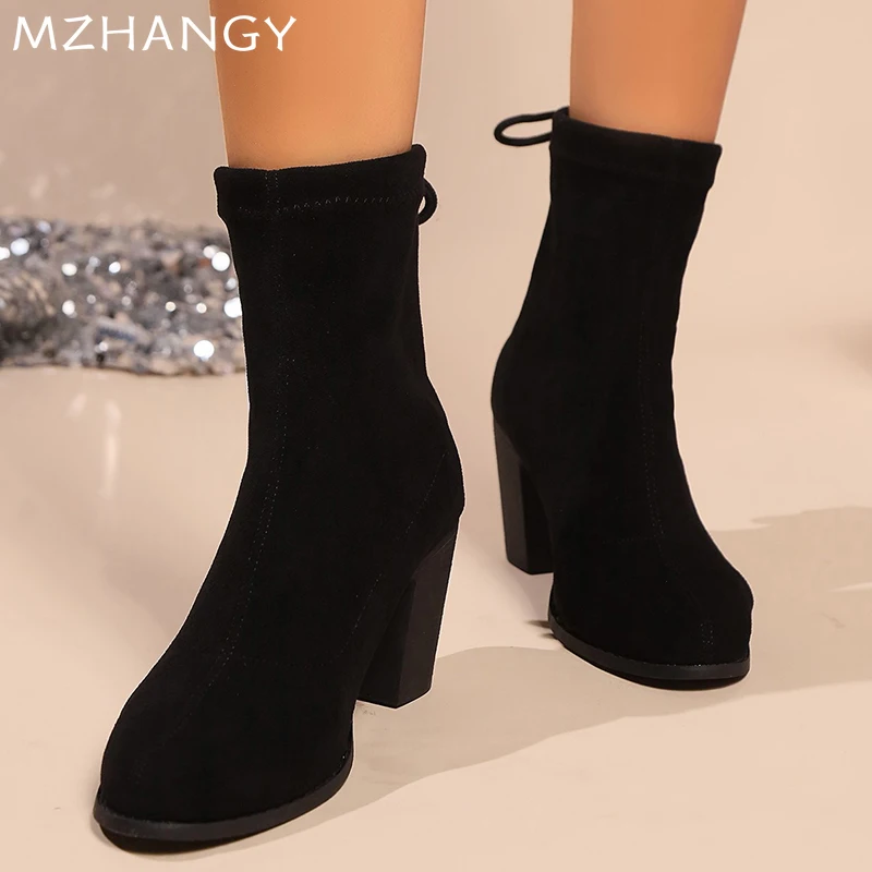 Wysokie obcasy Damskie buty za kostkę Zamsz Moda Chunky Shoes Nowy trend Śnieg Krótkie Botas Eleganckie czółenka Walking Mujer Chelsea Botas