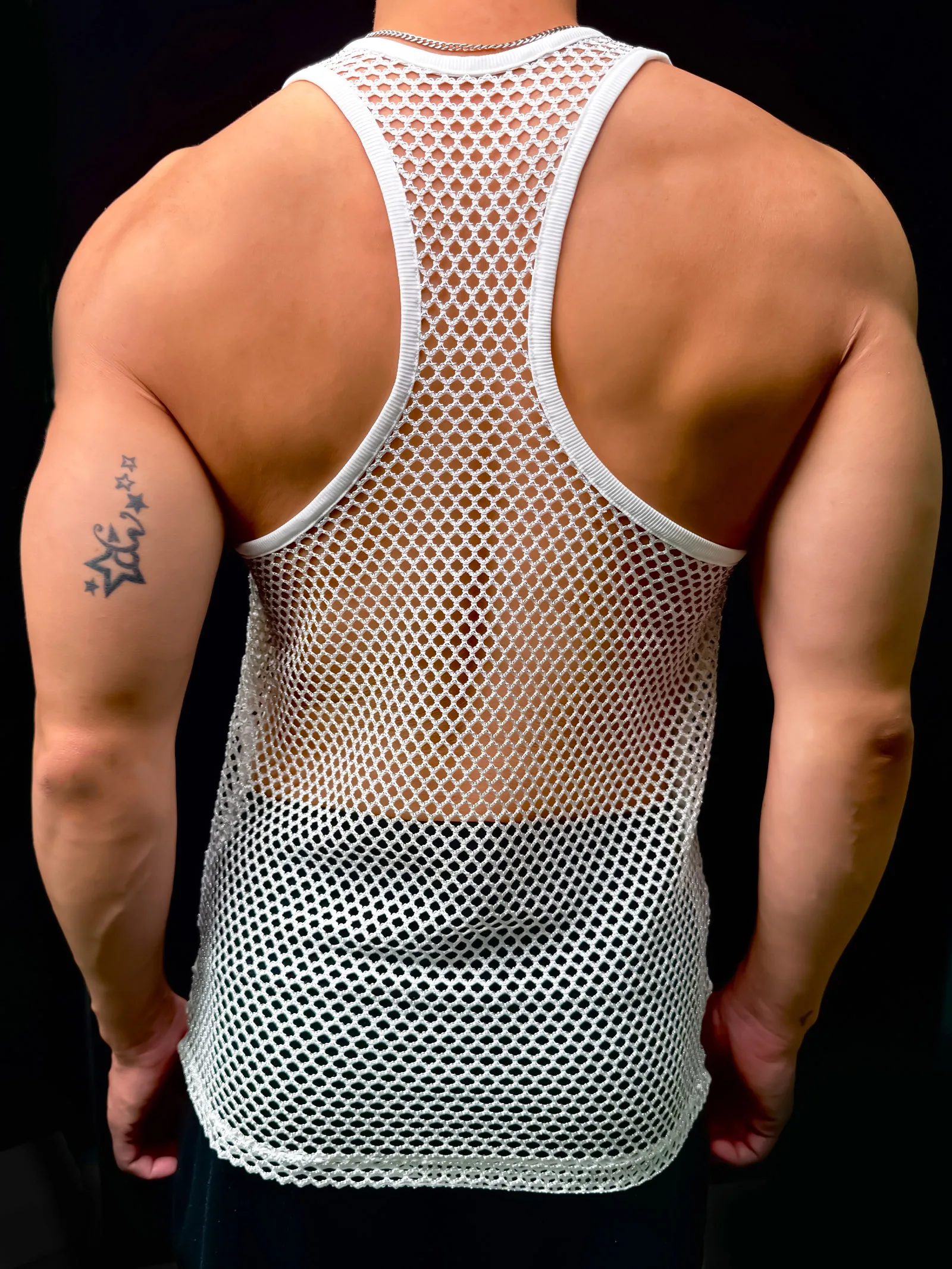 Sommer Herren Casual Mesh Netz Tanktop Racerback Ärmelloses Shirt Muskel-Sportweste Bunte Linien Glänzend Transparent Party Alltagskleidung – Detail 11