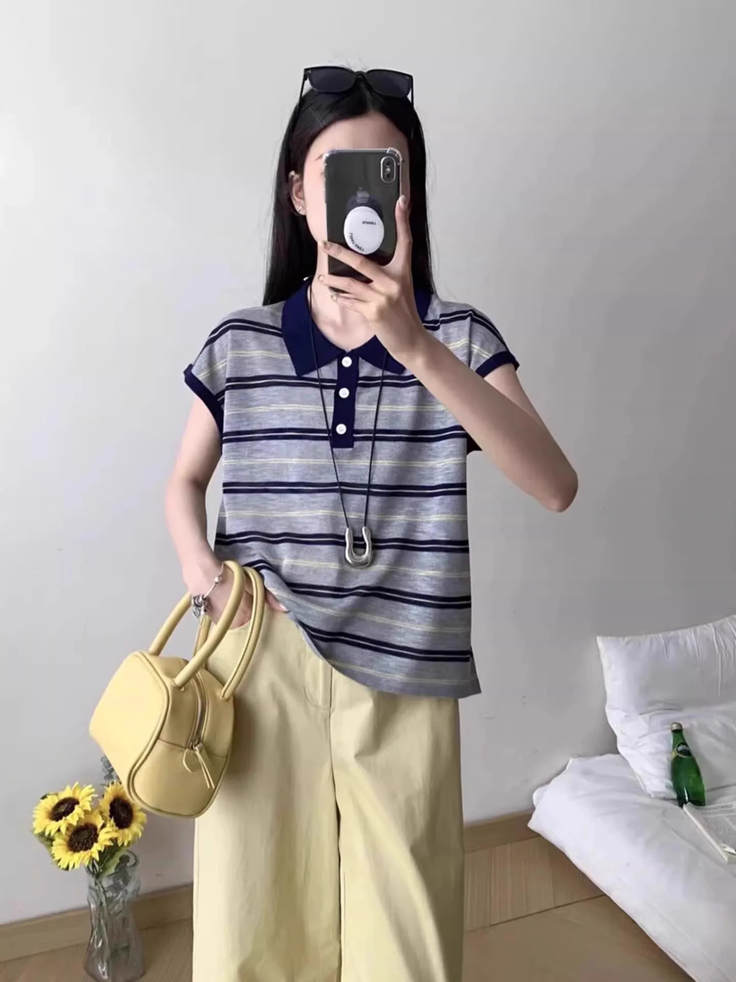 Breathable Color Blo Korean Sle Knitted Top Slim Fit Summer Design Loose ort Sve Striped T-irt Faionable Casual ...