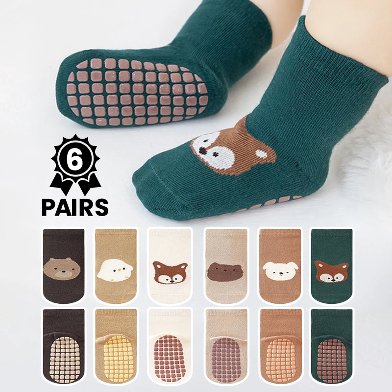 6 pairs anti-slip point adhesive baby socks, cartoon animal baby walking trampoline socks, suitable for daily wear