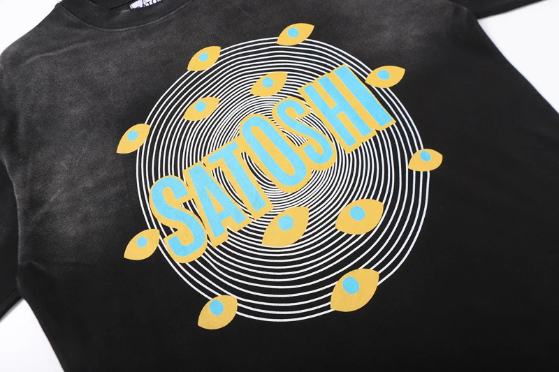 Summer Vintage Distressed Washed Hole SATOSHI Tshirts Cotton Black Circular Line Pattern Short Sleeve Men Women Street Outfit