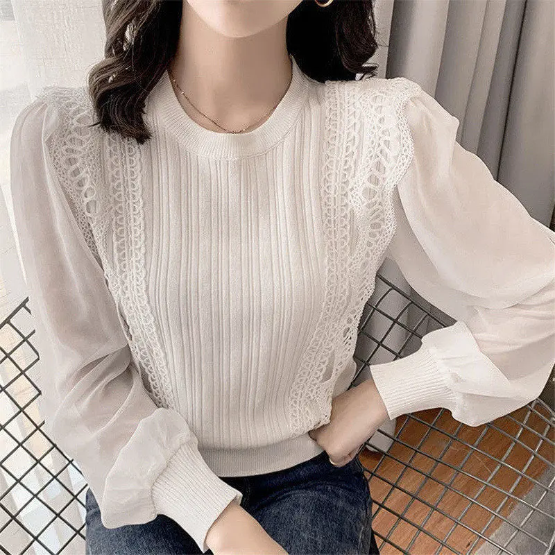 Korean Elegante Spitze Patchwork Langarm Schwarz Weiß Chiffon Shirts Frauen Herbst Chic Gestrickte Pullover Bluse Tops Blusas Mujer