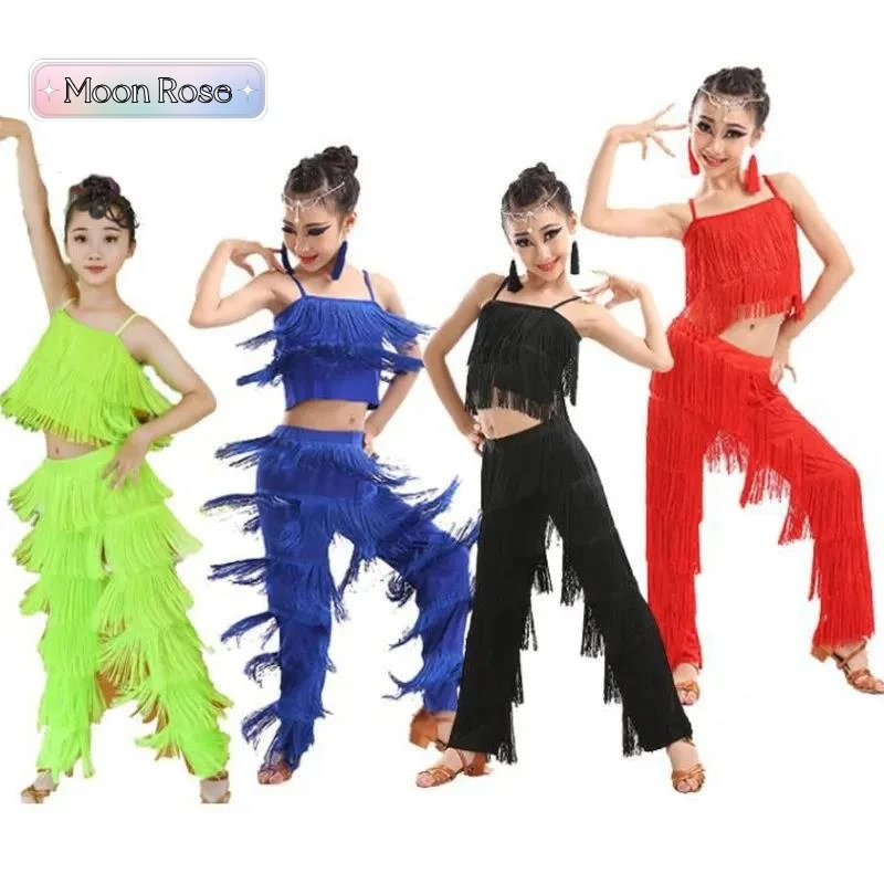 Kids Latin Dance Costumes Ballroom Plus Size Fringe Tassel Dress Girls Pants Sequin Salsa Samba Children Stage Outfits Costume