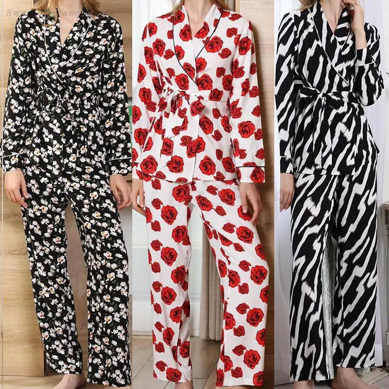 

Women's Pajamas Two-Piece Set Print Flower Long Sleeved Trouser Pijamas Suit Loose Casual Home Clothes Loungewear Sleepwear