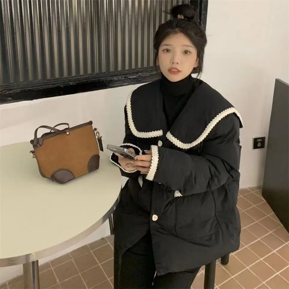 Black Crop Parkas Women Lovely Vintage Long Sleeve Outwear Popular Overcoat New Winter Thick Warm Preppy Style Chic Ins Fashion