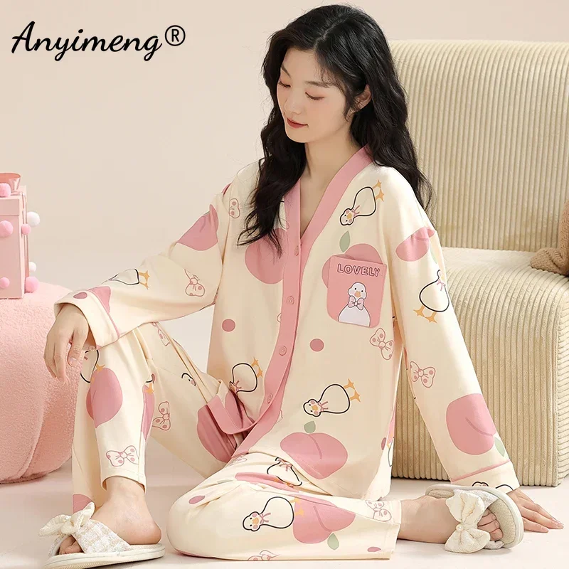 Cute Duck Printing Autumn Winter New Kimono Lapel Woman Pajamas Set Elegant Lady Kawaii Pijamas Set Girls Leisure Loungewear Pjs