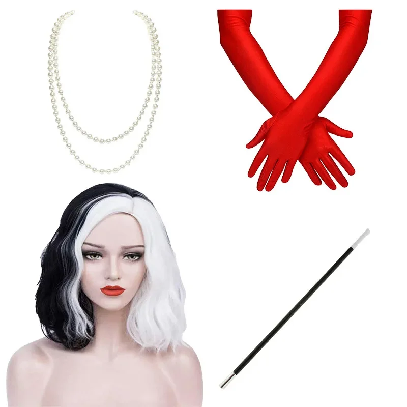 Cruella Deville De Vil parrucca nera bianca per capelli Deville capelli corti ricci ondulati resistenti al calore Cosplay parrucche di Halloween guanti puntelli