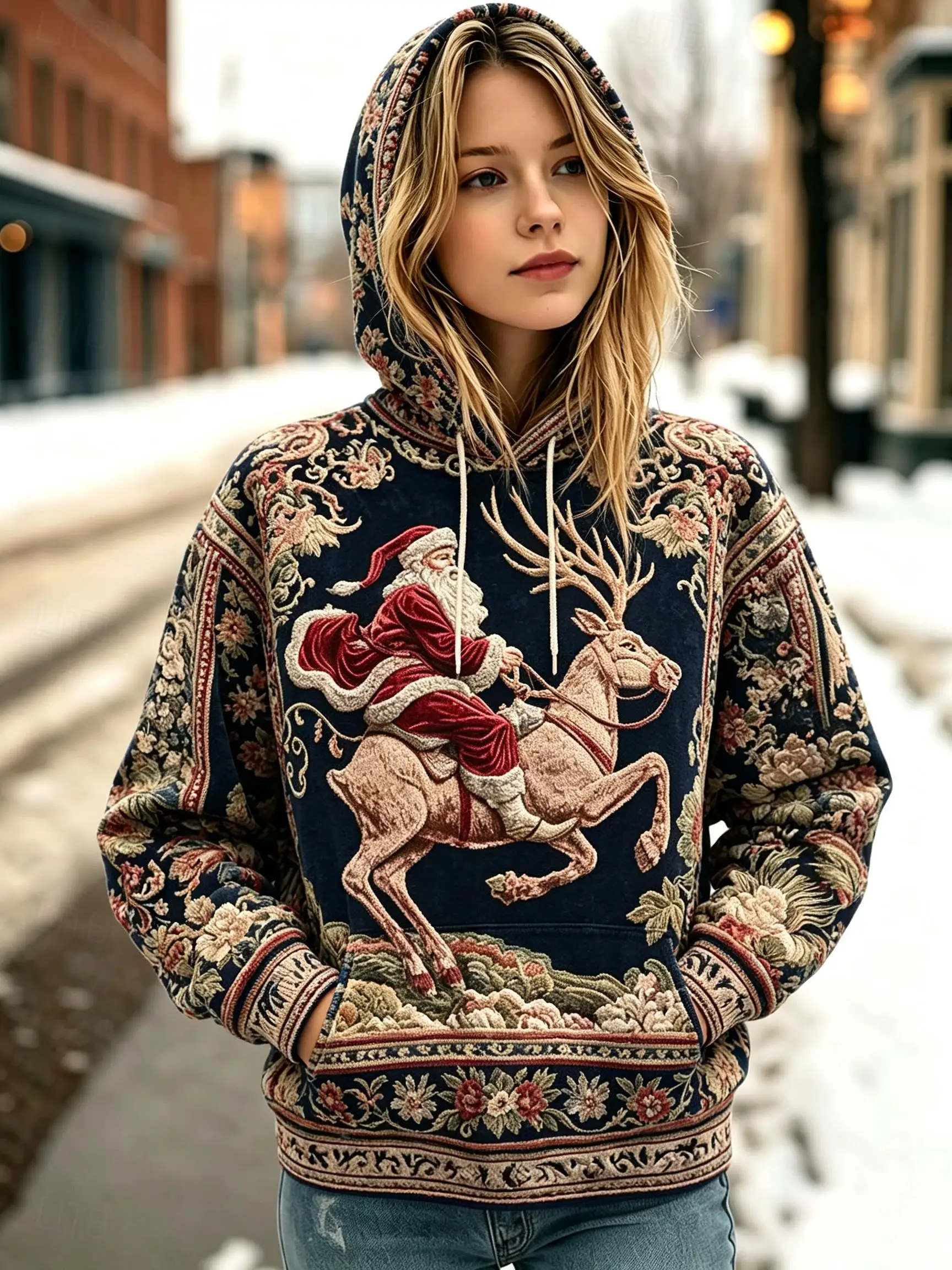 Women Vintage Tapestry Christmas Series Pattern Fleece Hoodie Warm Casual Long Sleeve Hooded Pullover Sweatshirt