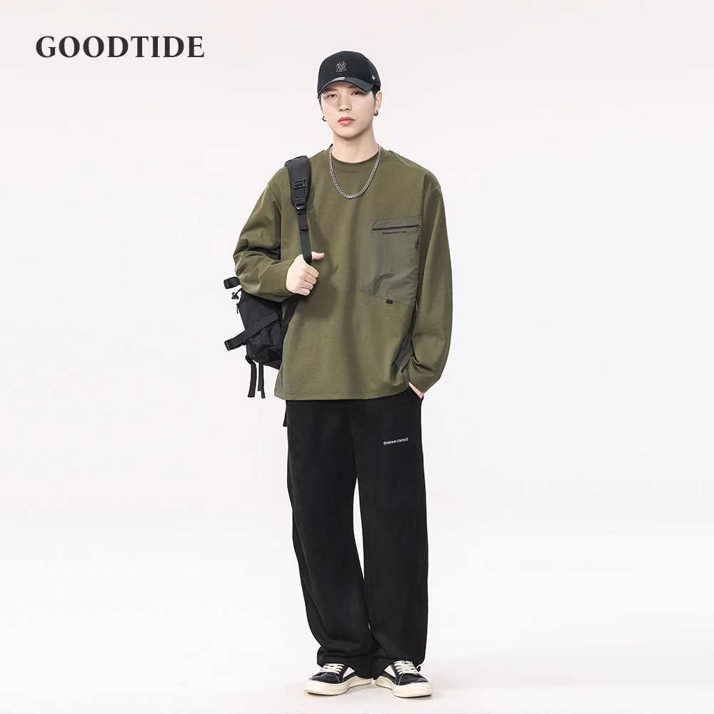 Fashion Men's Retro Color Block Long Sleeve T-Shirt 2025 Spring Autumn New Loose Casual Decorative Pocket Design Top Pullover