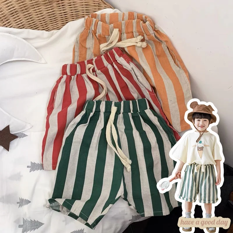 

Kid Clothes Striped Shorts Cotton Drawstring Design Korean Boy Girl Outfit Colorful Pants