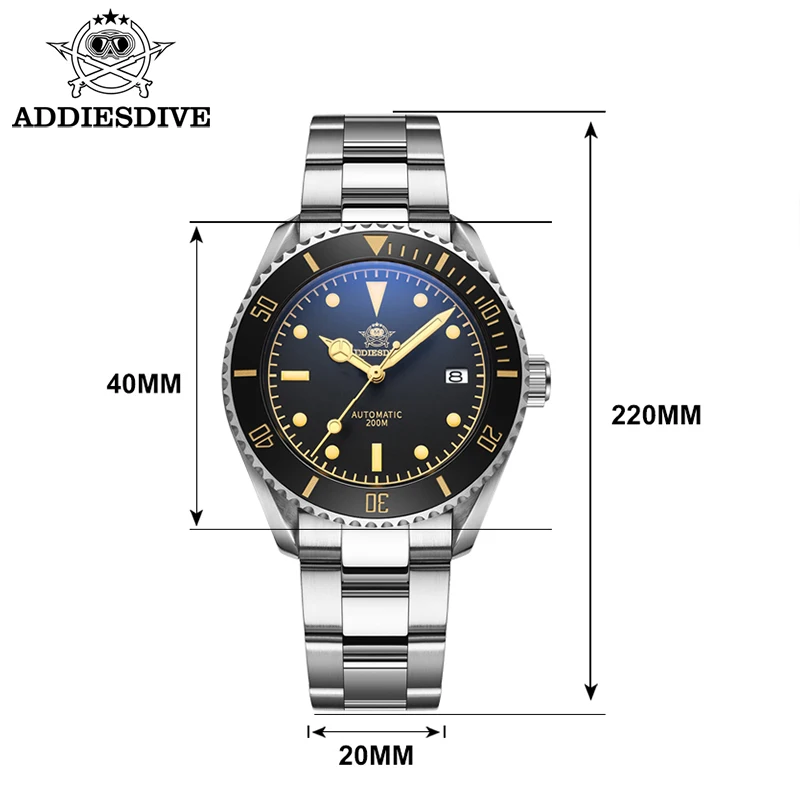 ADDIESDIVE Men Watch Business Vintage Leather C3 Super Luminous 20Bar Waterproof Sapphire Glass Automatic Mechanical Steel Watch