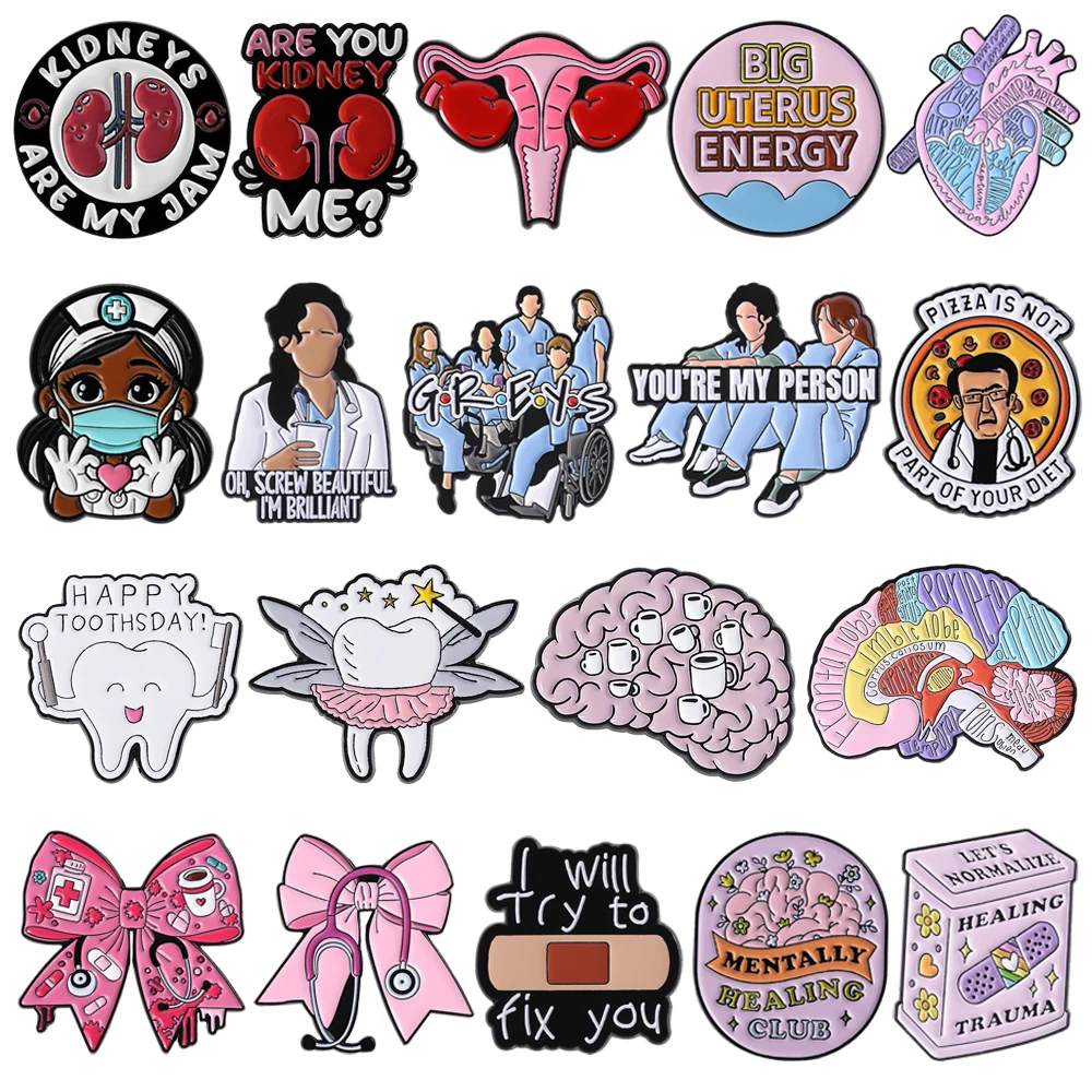 

Creative Medical Enamel Brooch Lapel Pins Organ Lung Uterus Heart Brain Teeth Bow Skin Doctor Character Metal Badge Jewelry Gift