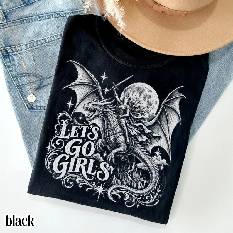 Medieval Fantasy Dragon Warrior T-Shirt  Feminist Empowerment Graphic Tee Female Warrior Castle Dragon-Slaying