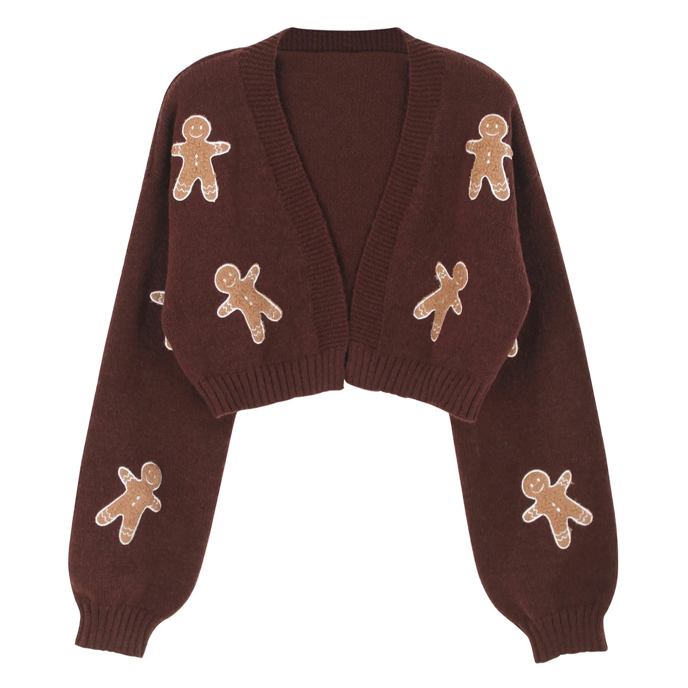 Casual Knitted Cardigan Loose Long-sleeved Gingerbread Women's Embroidered Short Knitted Sweater Autumn New Solid Color Jacket