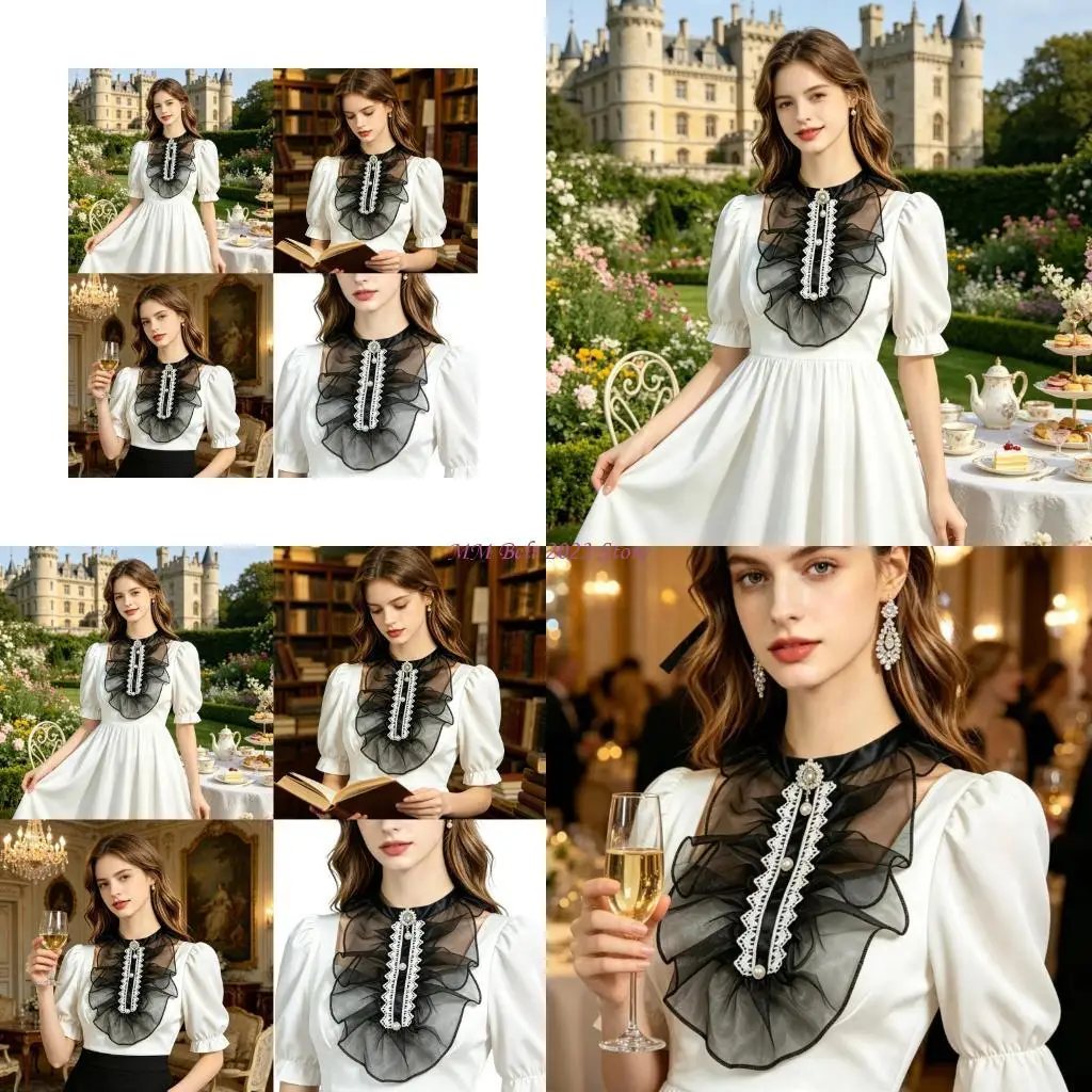 

49ME Classical British False Collar Organza Detachable Accessory With Delicate Faux Pearls And Rhinestones Accents