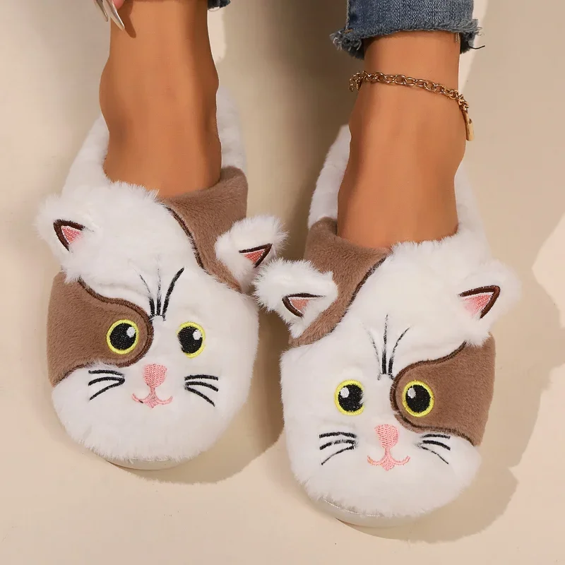 Women Winter Cartoon Cat Warm Plush Slippers Couple New Indoor Non-slip House Men Warm Thick Sole Home Cotton Fluffy Slippers