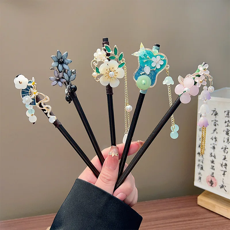 Classic Tassel Hair Stick Black Wooden Flowerl Pearl Hairpin Chinese Hanfu Hair Accessories Retro Bride Wedding Hair Bun Jewelry view 6