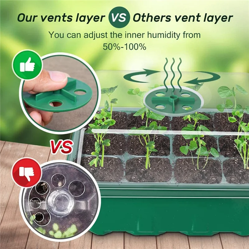AB47-5-PCS Seed Starter Tray Seedling Starter Kits, Plant Starter Kit With Humidity Domes And Base (12 Cells Per Tray) Green