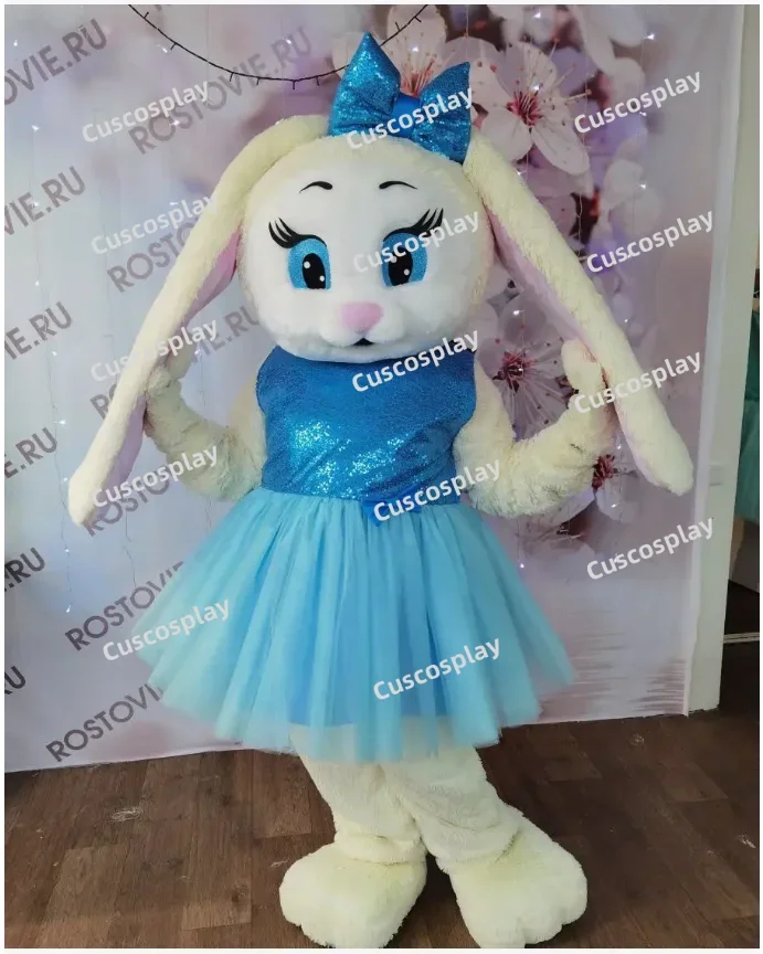 

Halloween Christmas Cute Bunny with Blue Dress Mascotte Fancy Cartoon Rabbit Mascot Costume Plush Fancy