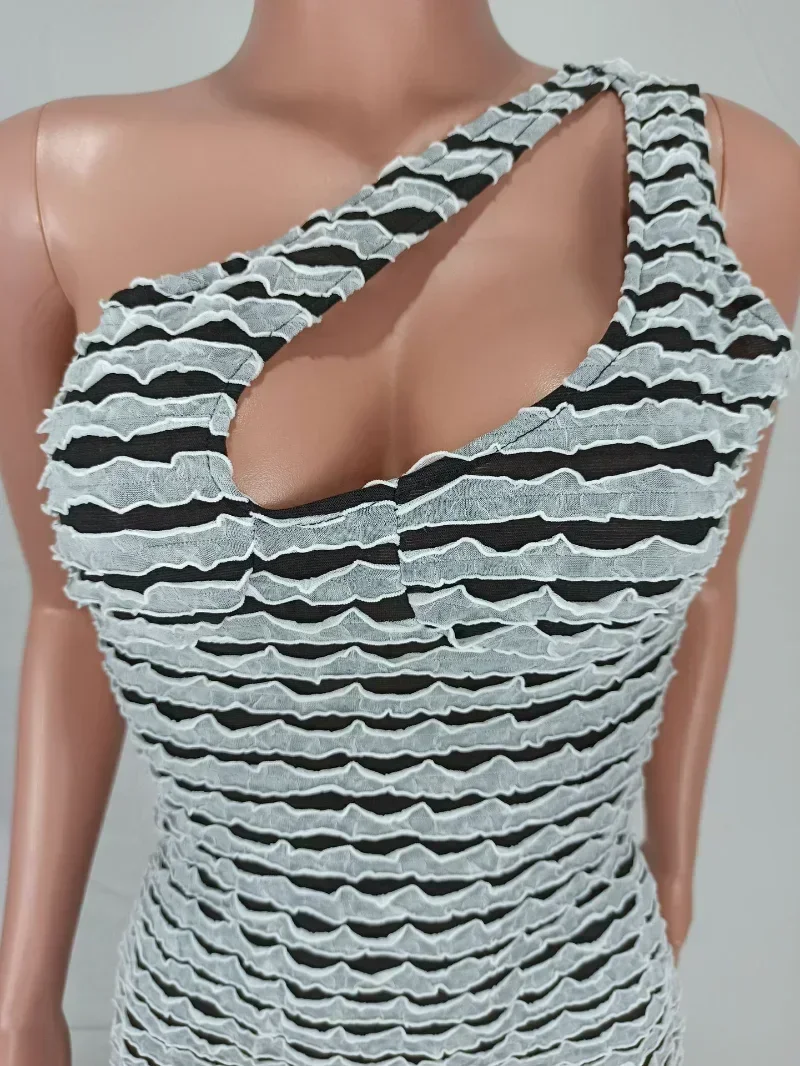 GUWU Een Schouder Uitsparing Mouwloze Gestreepte Midi Bodycon Mini Jurk Vrouwen Sexy Vestidos Mode Avondjurken