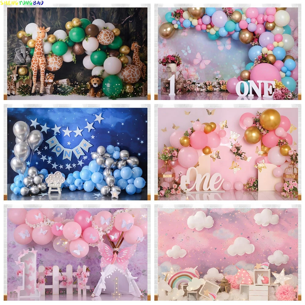 

Fondo de 1er cumpleaños para bebé recién nacido, niña, niño, primera fiesta de cumpleaños, pastel, globo bohemio, fondo de fotog