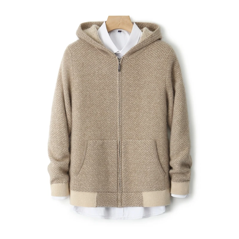 Fashion Sweaters Men's Pure Wool Cardigan Hoodie Jacquard Sweater Coat Zipper Up Knit Cardigans Thick Male Outerwear Hooded Top