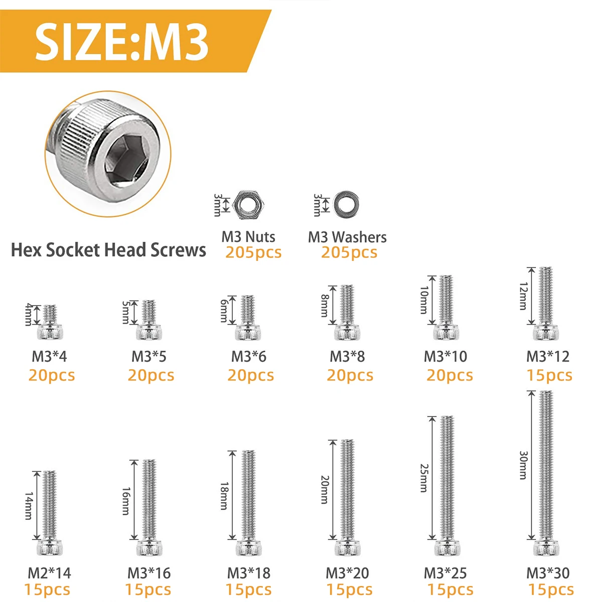 615 قطعة M3x4/5/6/8/10/12/14/16/18/20/25/30 مللي متر 304 سداسية من الفولاذ المقاوم للصدأ مسمار لولبي الرأس الجوز عدة