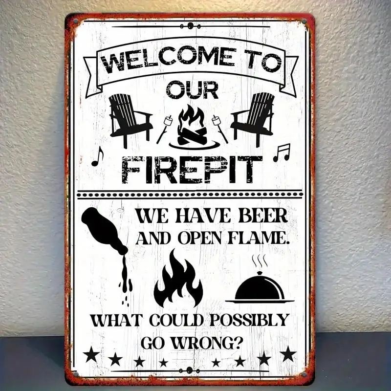 Vintage Metal Sign Rustic Camping Theme 'Welcome to Our Fire Pit' with Beer And Burning Flames Design for Outdoor Decor