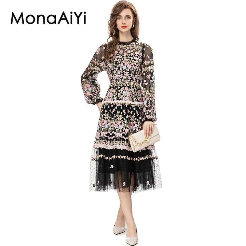 MonaAiYi Vintage Fashion Designer Dress Women's Mesh Embroidered Translucent Lantern Sleeve Slim Black Midi Dresses 2023 Newest