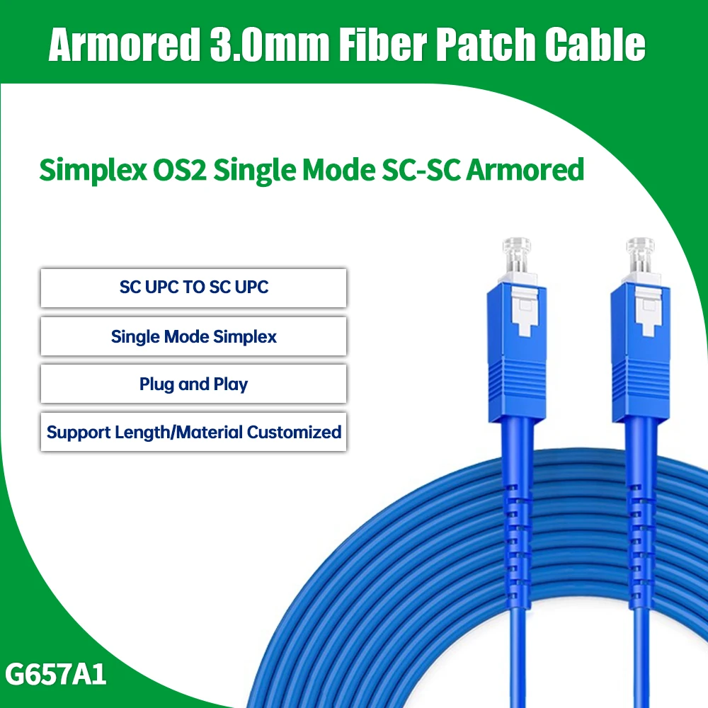 SC UPC to SC UPC Fiber Optical Patch Cable Armored 3.0mm Fiber Optic Patch Cable Indoor G657A1 Simplex OS2 Single Mode 1/2/3/5M