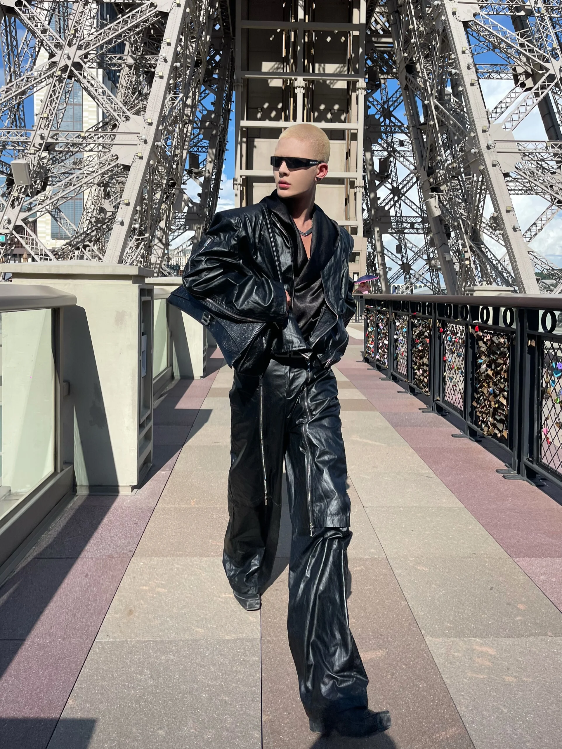 Zipper Design Long Sleeve Leather Coat Stitching Men's Motorcycle Clothing Black Trousers Pants Sets Trendy Male Chic Men's Sets