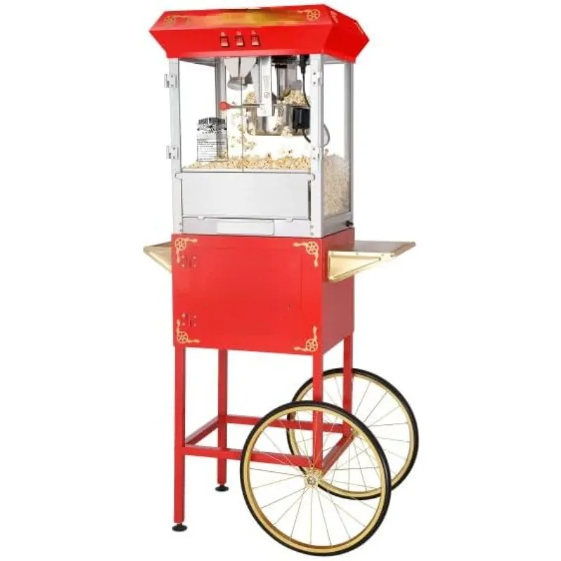 

Popcorn Machine with Cart – 8oz Popper with Stainless-steel Kettle, Heated Warming Deck (Red)