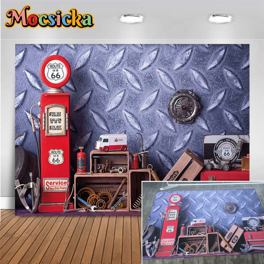 Boys 1st Birthday Cake Smash Party Decoration Background Auto Body Shop Petrol Pump Screw Backdrop Newborn Portrait Studio Photo