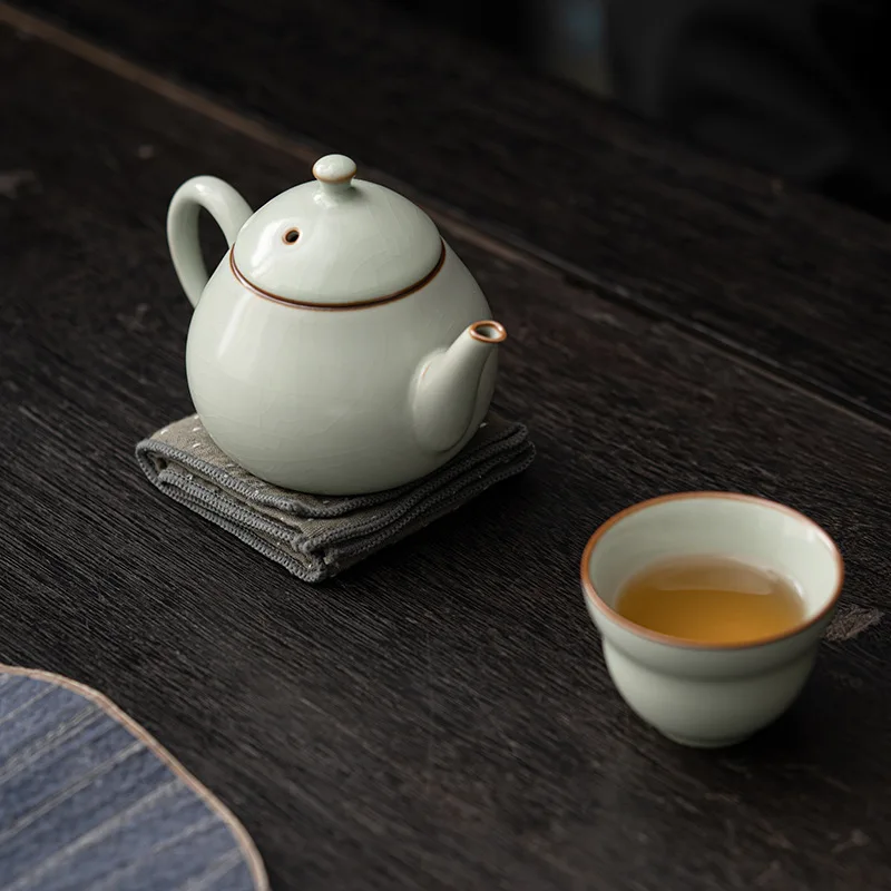 Azure Ru Ware Ceramic Teapot Single Xi Shi Pot Gracked Glaze Supportable Single Kung Fu Tea Set Beige Tea Infuser Tea Kettle