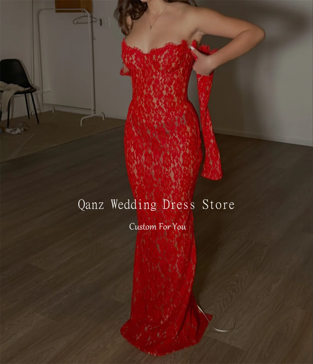 Qanz Red Full Lace Illusion Wedding Party Dress Mermaid Sweetheart Evening Dresses Corset Back  Prom Dresses 2025 Customized