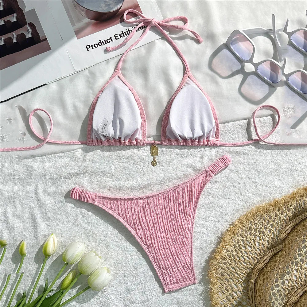 Trajes de baño de color rosa liso, conjunto de microbikini con cordón triangular y cuello Halter, traje de baño para Mujer 2026, Bikinis brasileños para Mujer