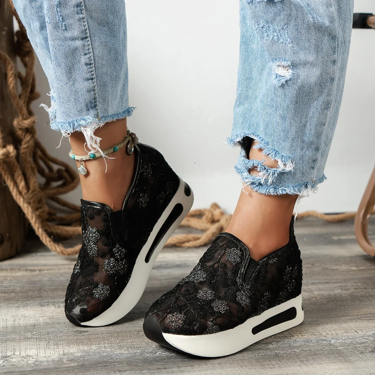 Lace Flats Platform Women Sport Shoes Mesh Breathable Sneakers Summer New Casual Sandals Running Beach Rocking Dance Shoes view 3