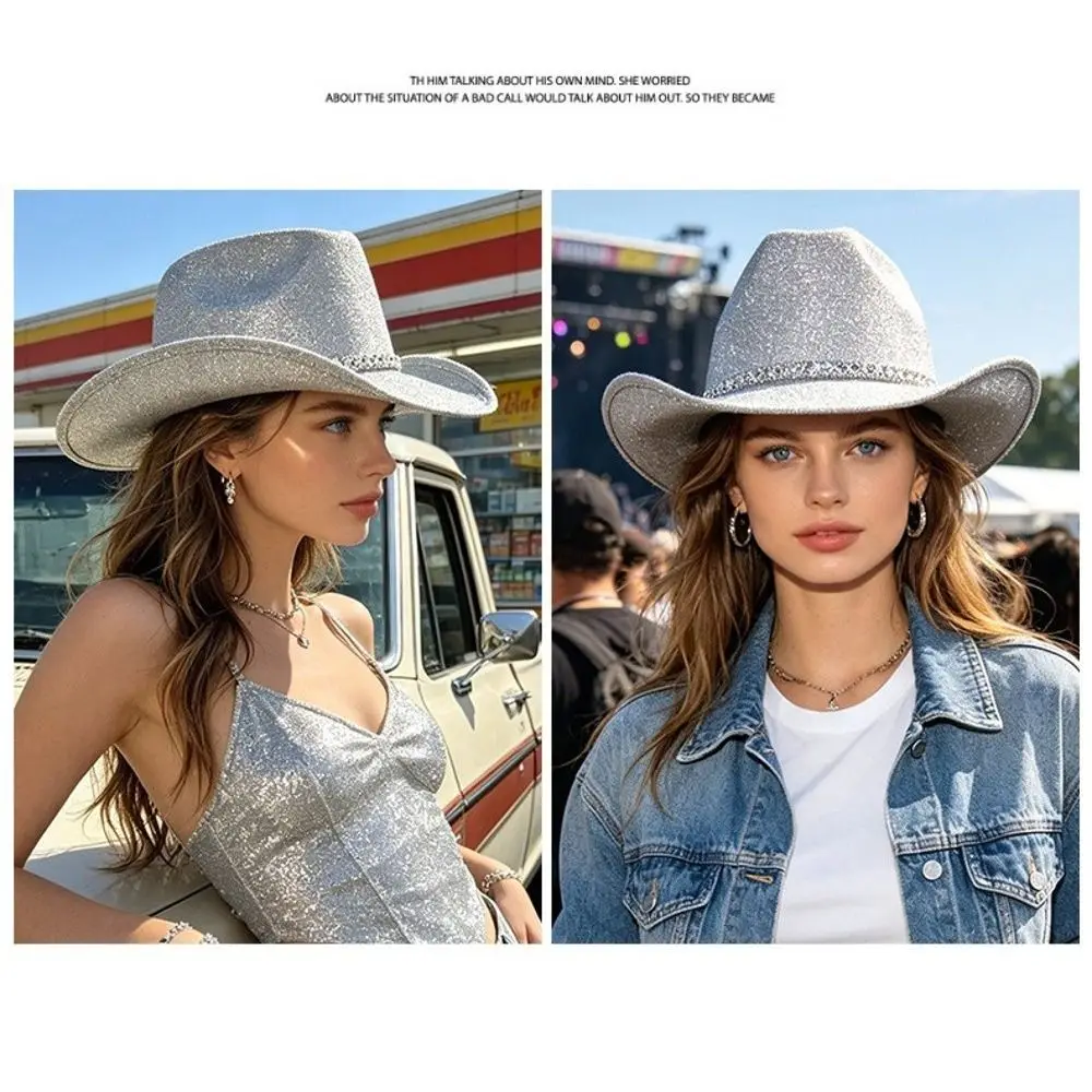 Sparkling Glitter Fabric Glitter Cowboy Hat Wide Curved Brim Rhinestone Band Sparkly Cowboy Hat Lightweight Structured Fit