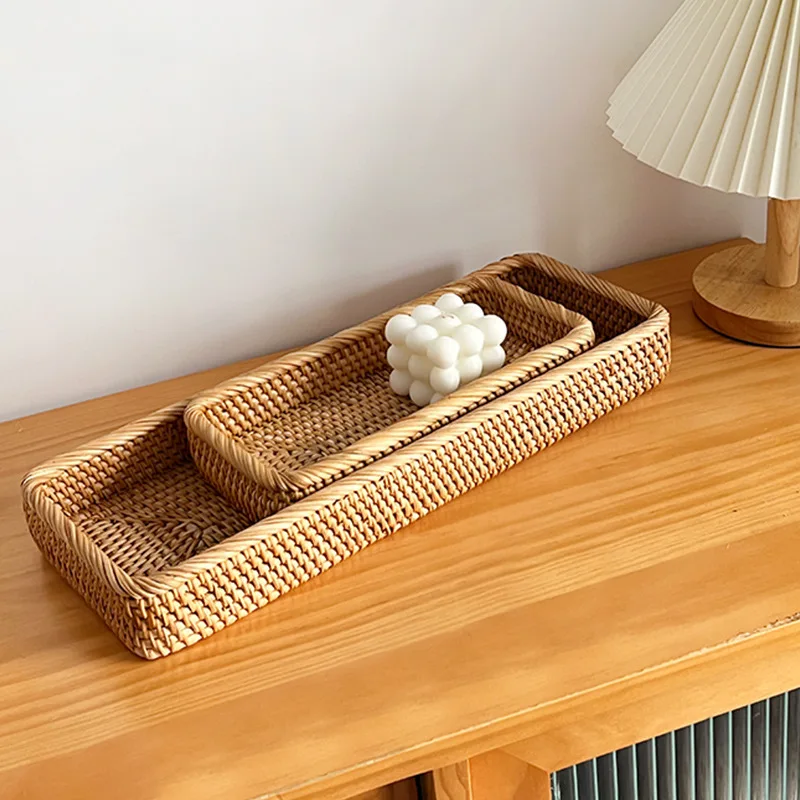 Handmade rattan desktop square coffee bread tray Nordic style light luxury storage basket for cosmetics and sundries