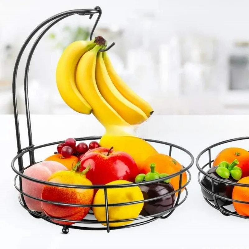 

2-Tier Fruit Basket Metal Bowl, Bread Baskets Holder Large Stand Organizer with Banana Hanger Black Dish Rack Shelves