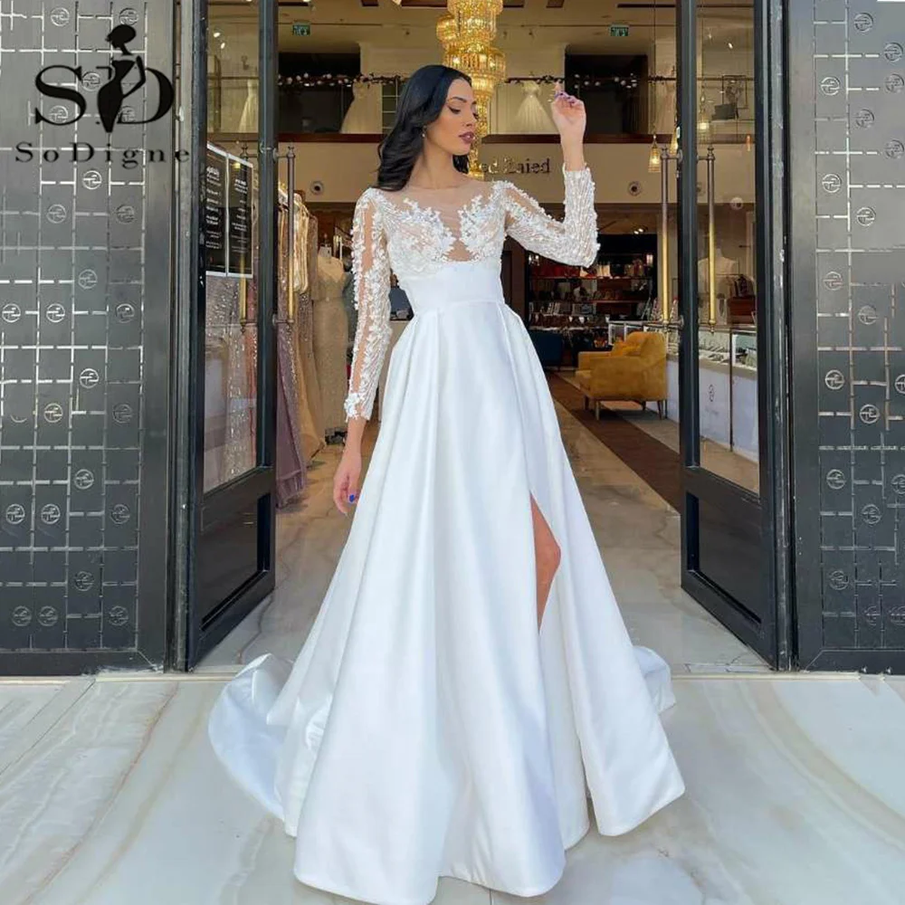 SoDigne Boho Princess Wedding Dresses Long Sleeves Satin Bride Dresses Lace Top Sexy Side Split Wedding Gowns 2024