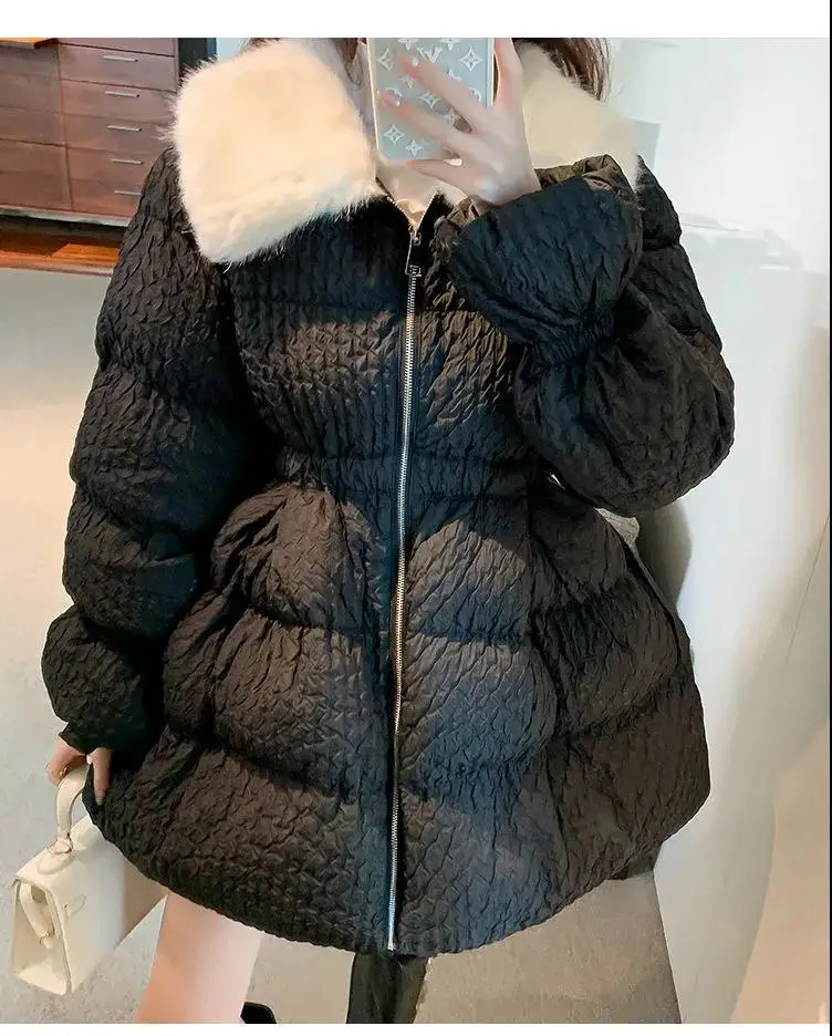 Abrigo acolchado adelgazante con cintura de invierno para mujer, chaqueta acolchada de longitud media con cuello de piel grande de estilo coreano