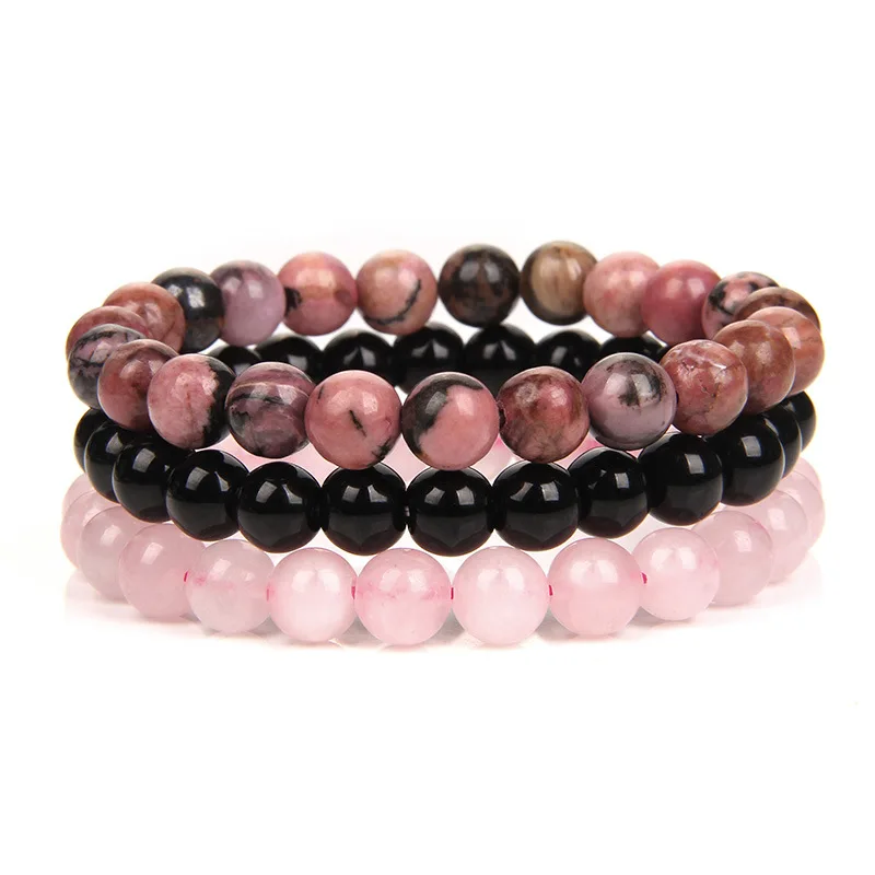 3-teiliges Set 8mm Naturstein-Armband Rosa Zebra-Jaspis Rhodonit-Perlen Armbänder für Frauen Männer Schmuck Geschenk Heilende Energie