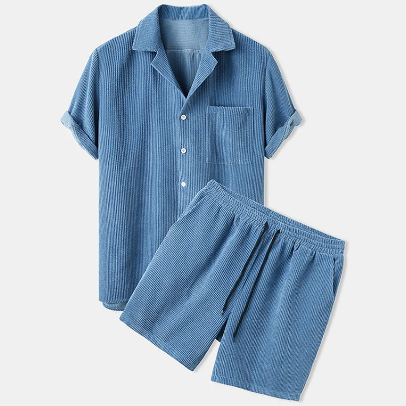 

Renaissance Pure Color Corduroy Men's irt ort Sve Casual Vintage orts Summer Season China Origin Fiber Blend Fabric